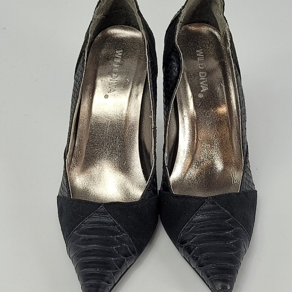 Wild Diva Womens Classic Pumps Black Silver Metal High Heels Snake Texture 7.5